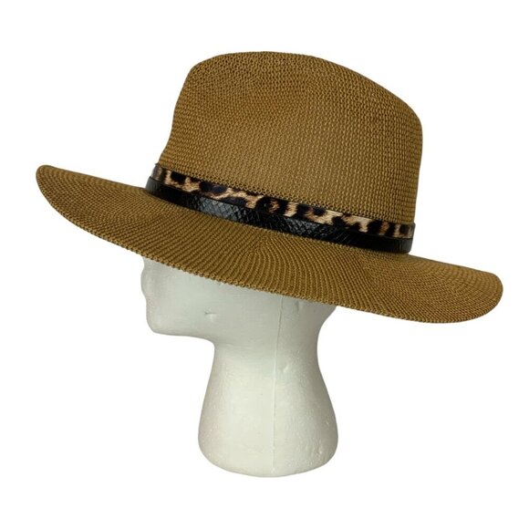 Vince Camuto Womens Wide Brim Straw Mesh Sun Hat Leopard Print Band Vacation - Picture 2 of 6